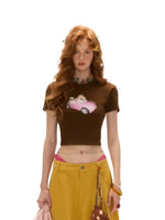 Cat Print Backless Red Crop Tee