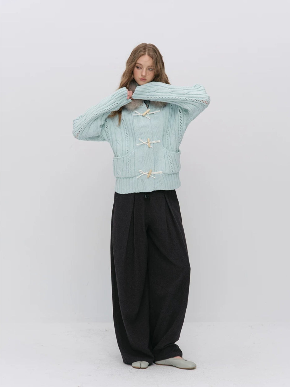 Chunky Cable Knit Bow Cardigan