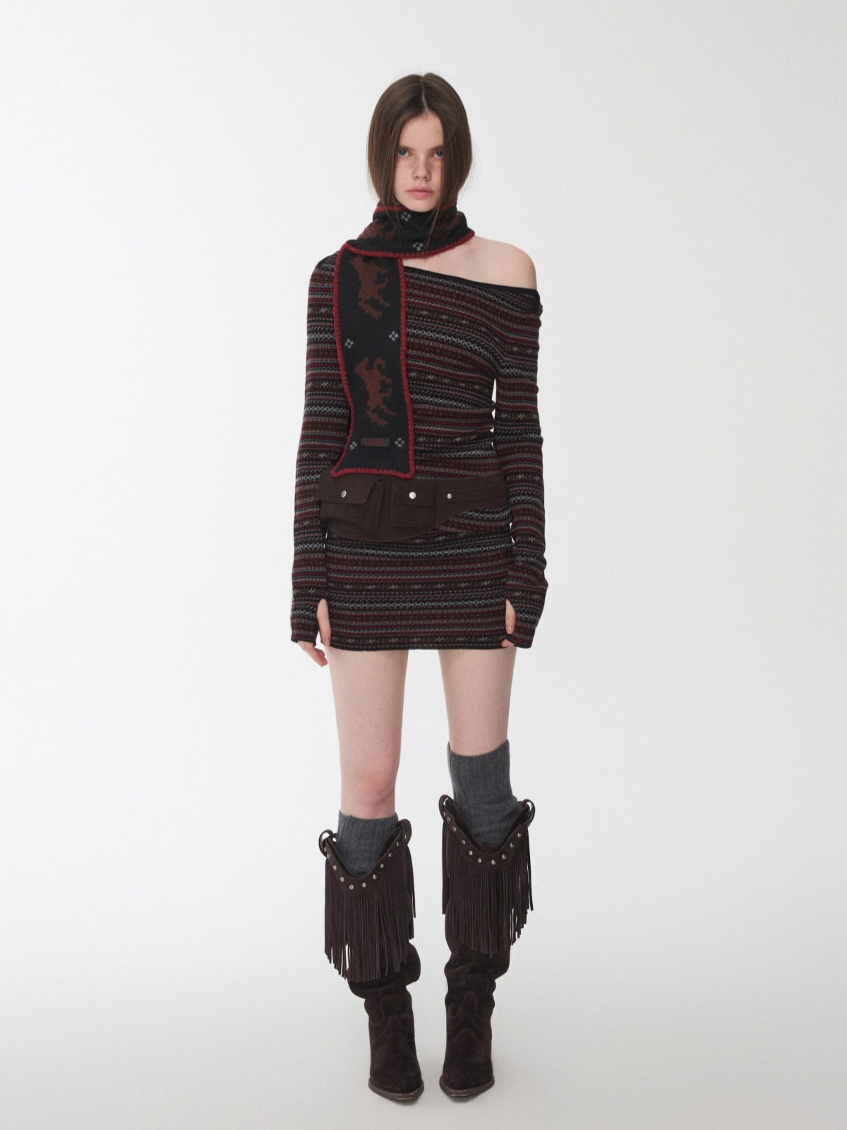 Fair Isle Off-Shoulder Jacquard Knit Dress