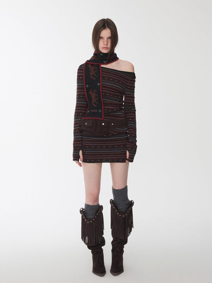 Fair Isle Off-Shoulder Jacquard Knit Dress