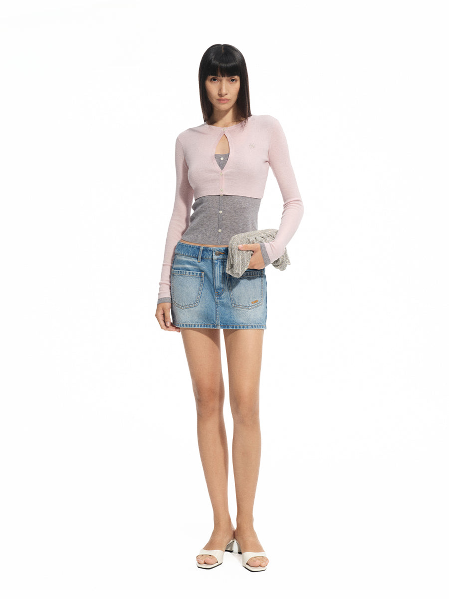 Fake Two-piece Layered Contrast-color Top