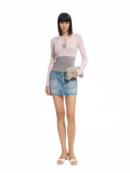 Fake Two-piece Layered Contrast-color Top