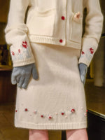 Fair Isle Rose Embroidered Cardigan & Skirt Set