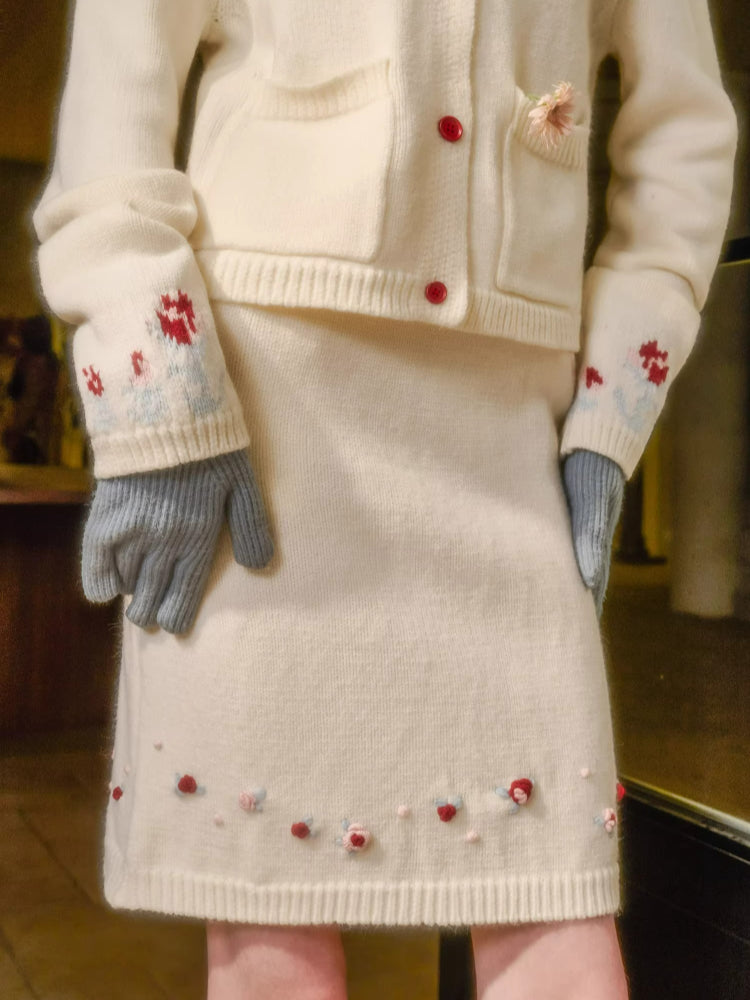 Fair Isle Rose Embroidered Cardigan &amp; Skirt Set