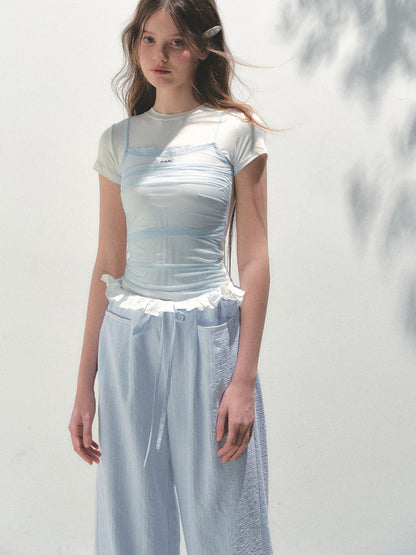 Contrast Color Fake Two-piece Mesh Lace Short-sleeve T-shirt