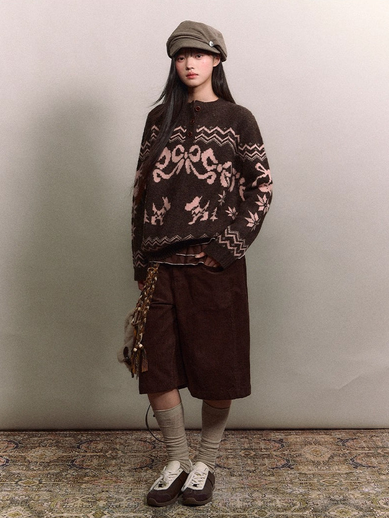 Fair Isle Bow Henry-Collar Sweater
