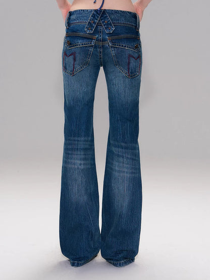 Dark Blue Vintage Hand-Brushed Flare Jeans