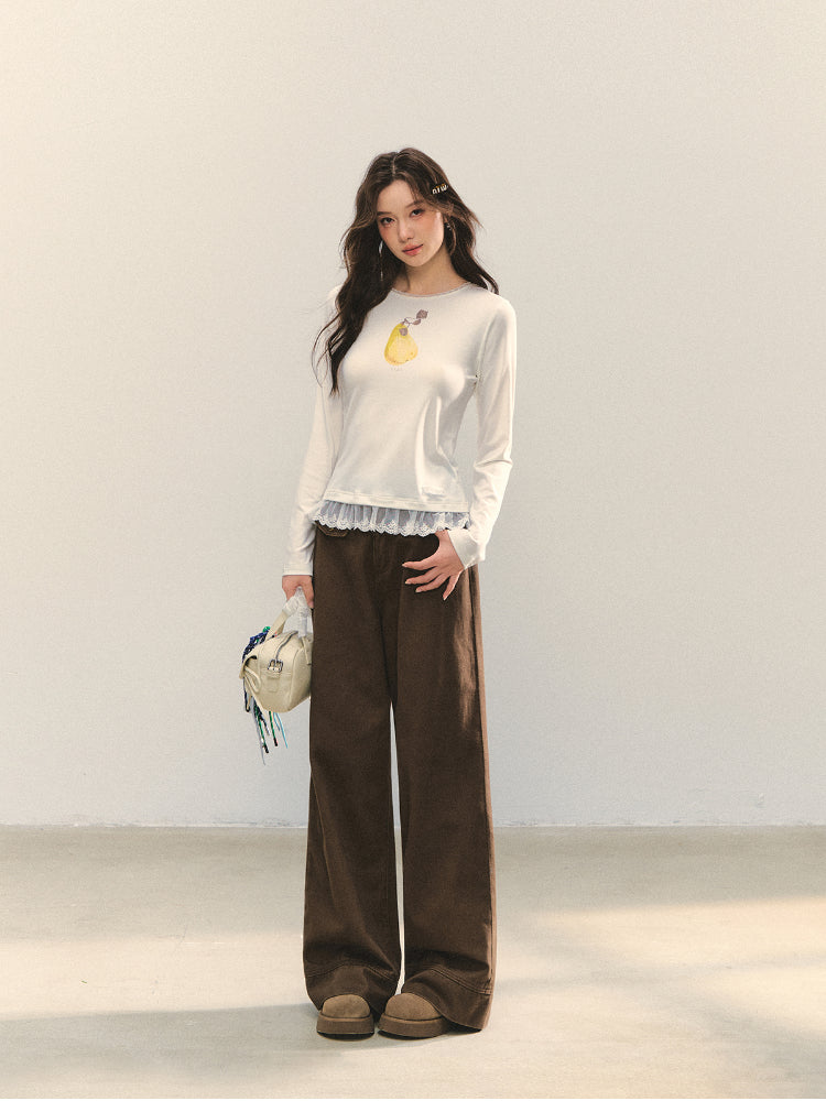 Fruit Print Lace-spliced T-Shirt