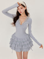 V-neck Long Sleeve Cake Dress