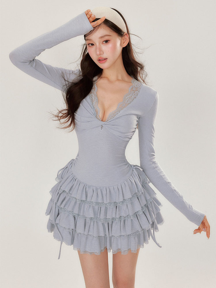 V-neck Long Sleeve Cake Dress