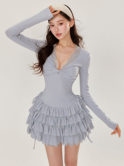 V-neck Long Sleeve Cake Dress