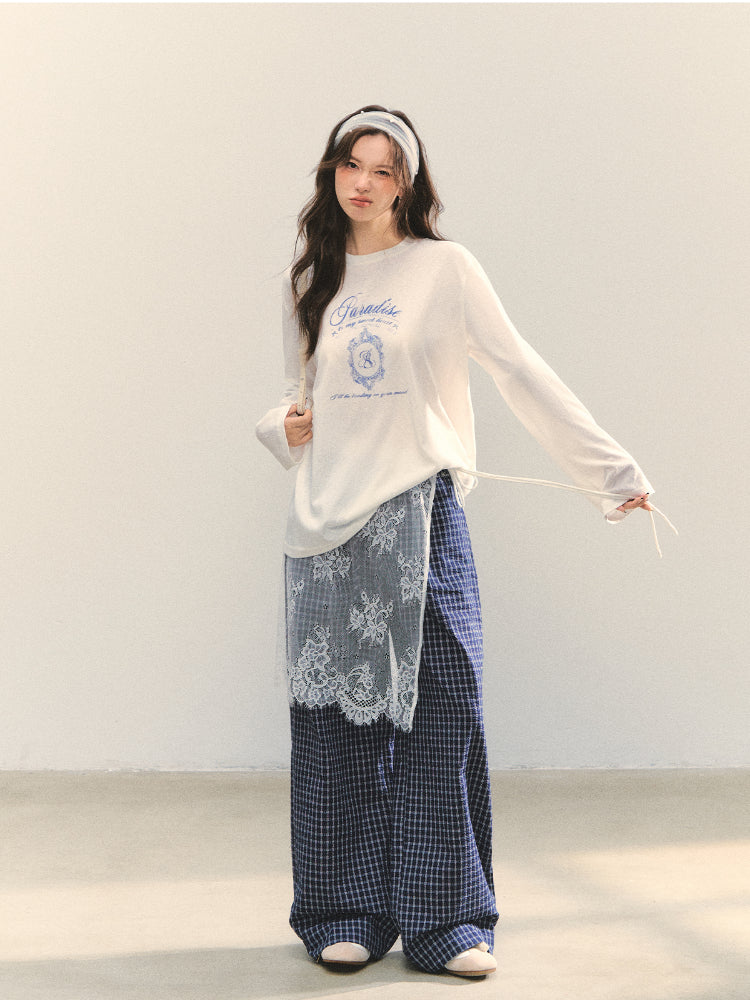 Plaid Color-block Waist Spliced Straight Pants