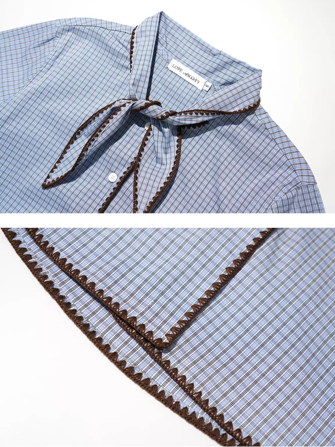 Vintage Contrast Plaid Embroidered Tie-Neck Shirt