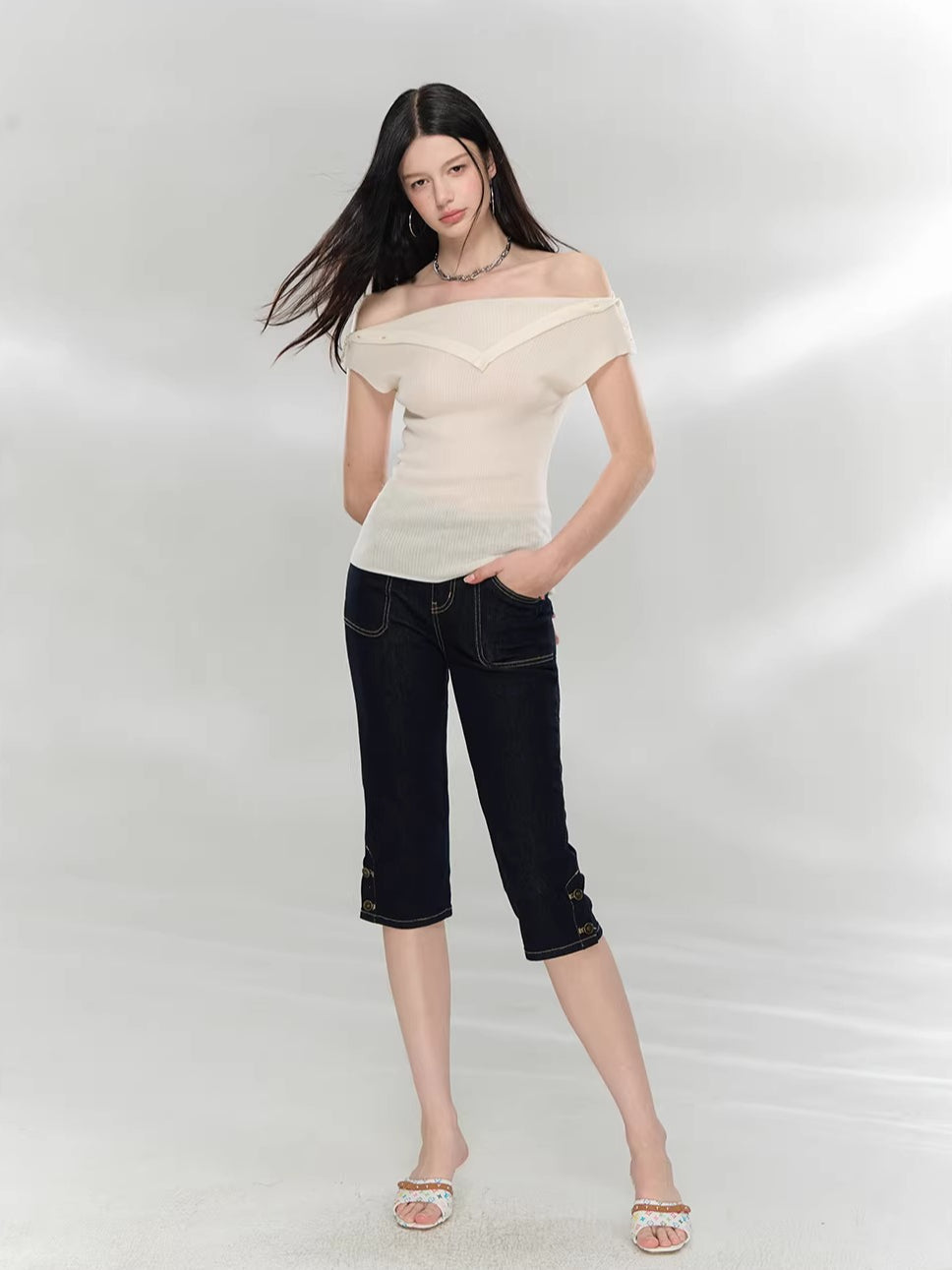 Layered Collar Off-Shoulder Knit Top