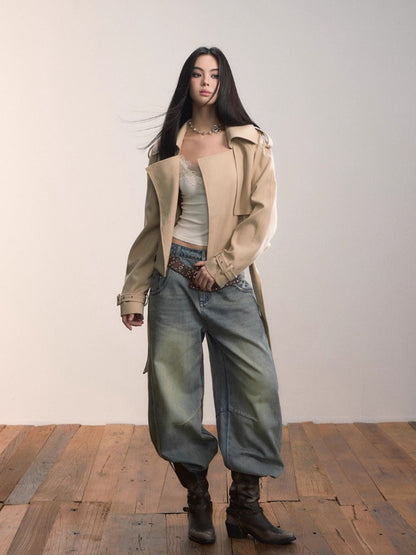 Short Double-Breasted Belted Trench Jacket