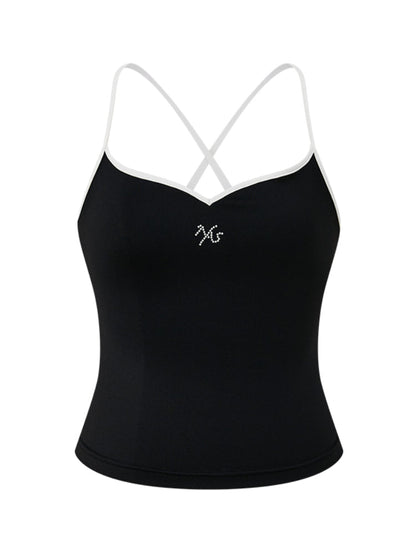Pearl Rhinestone Color-block Strap Top