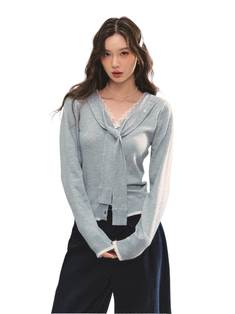 Lace-Trim Tie Knit Blouse