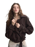 Short Double-Breasted Belted Trench Jacket