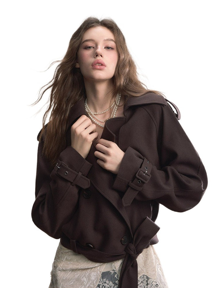 Short Double-Breasted Belted Trench Jacket