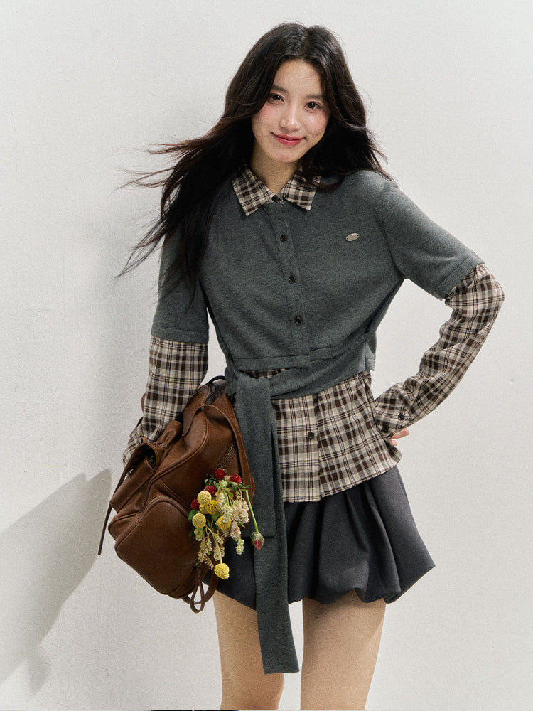 College Plaid Fake Two-piece Shirt