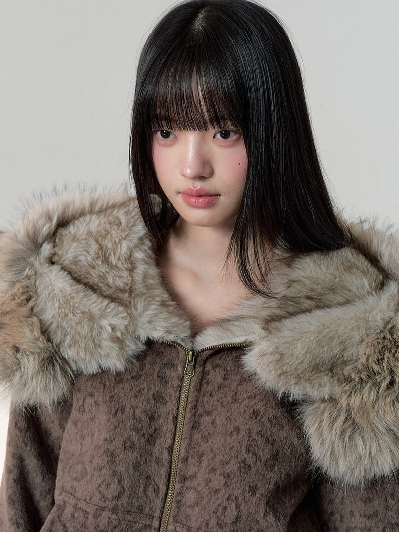 Korean Retro Leopard Wool Hooded Jacket