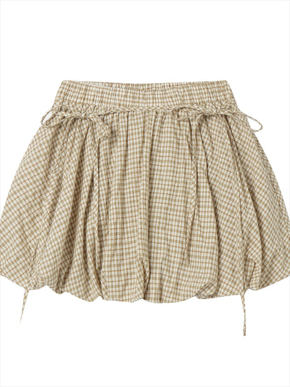 Khaki &amp; Black Retro Check Shirt &amp; Skirt Set
