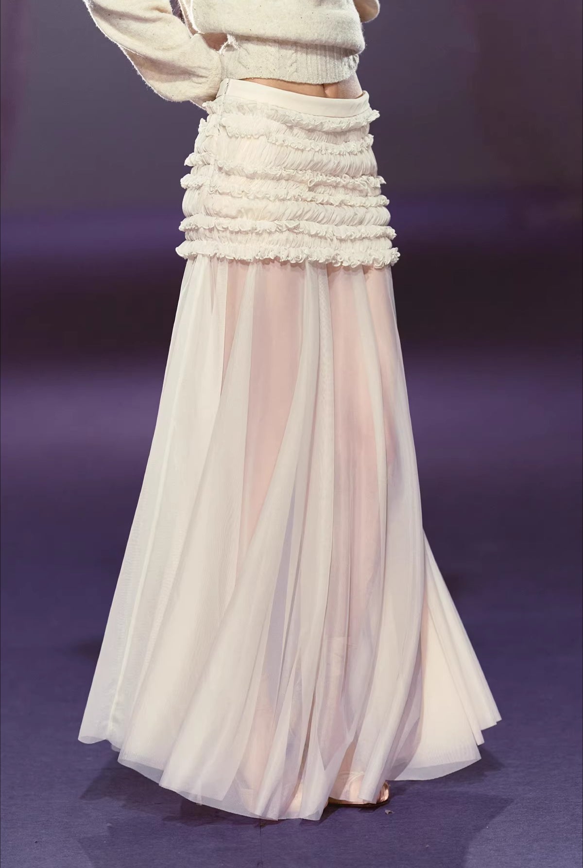 Pleated Mesh Maxi Skirt