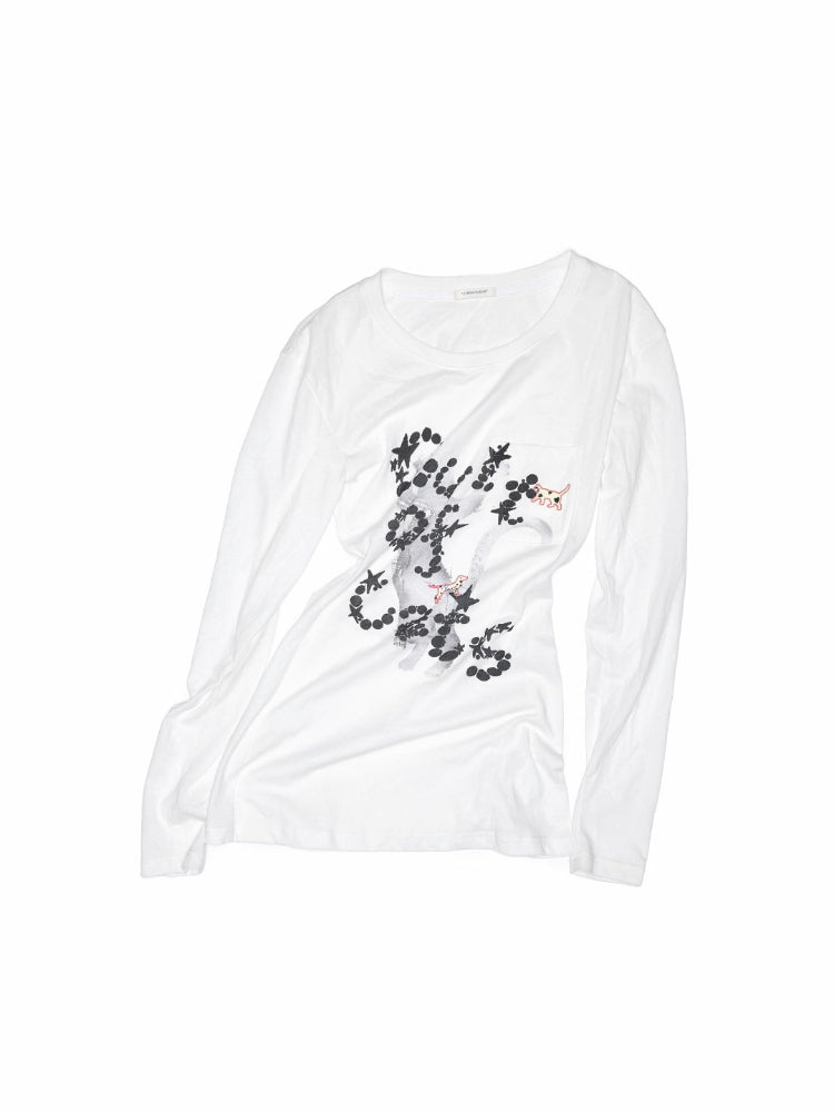Cat Print Open-Back Long-Sleeve T-shirt