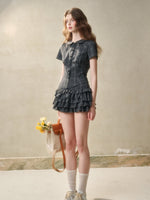 Gray Plaid Doll Collar Lace Waist Shirt & Cami Set