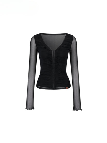 V-Neck Ruffled Mesh Slim Long-Sleeve Blouse