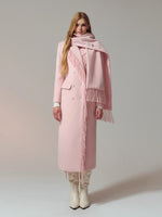 Wool-Blend Hourglass Fringe-Scarf Double-Breasted Long Coat