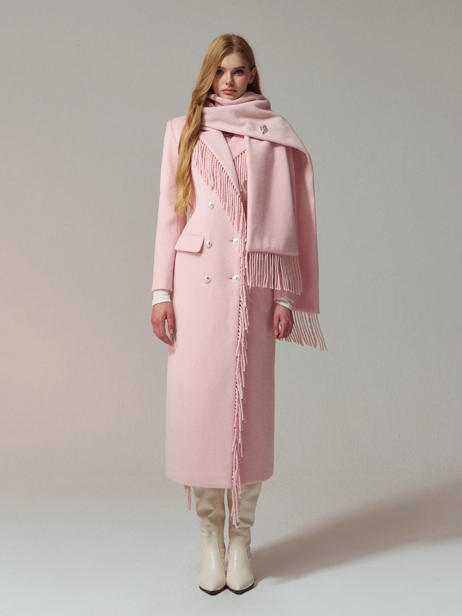 Wool-Blend Hourglass Fringe-Scarf Double-Breasted Long Coat