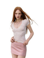 Pink & Green Lace Knit V‑Neck Tee