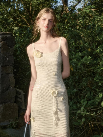 Solid Color Knitted Flower Pure White Dress