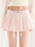 Pink Lace Pleated Denim Skirt