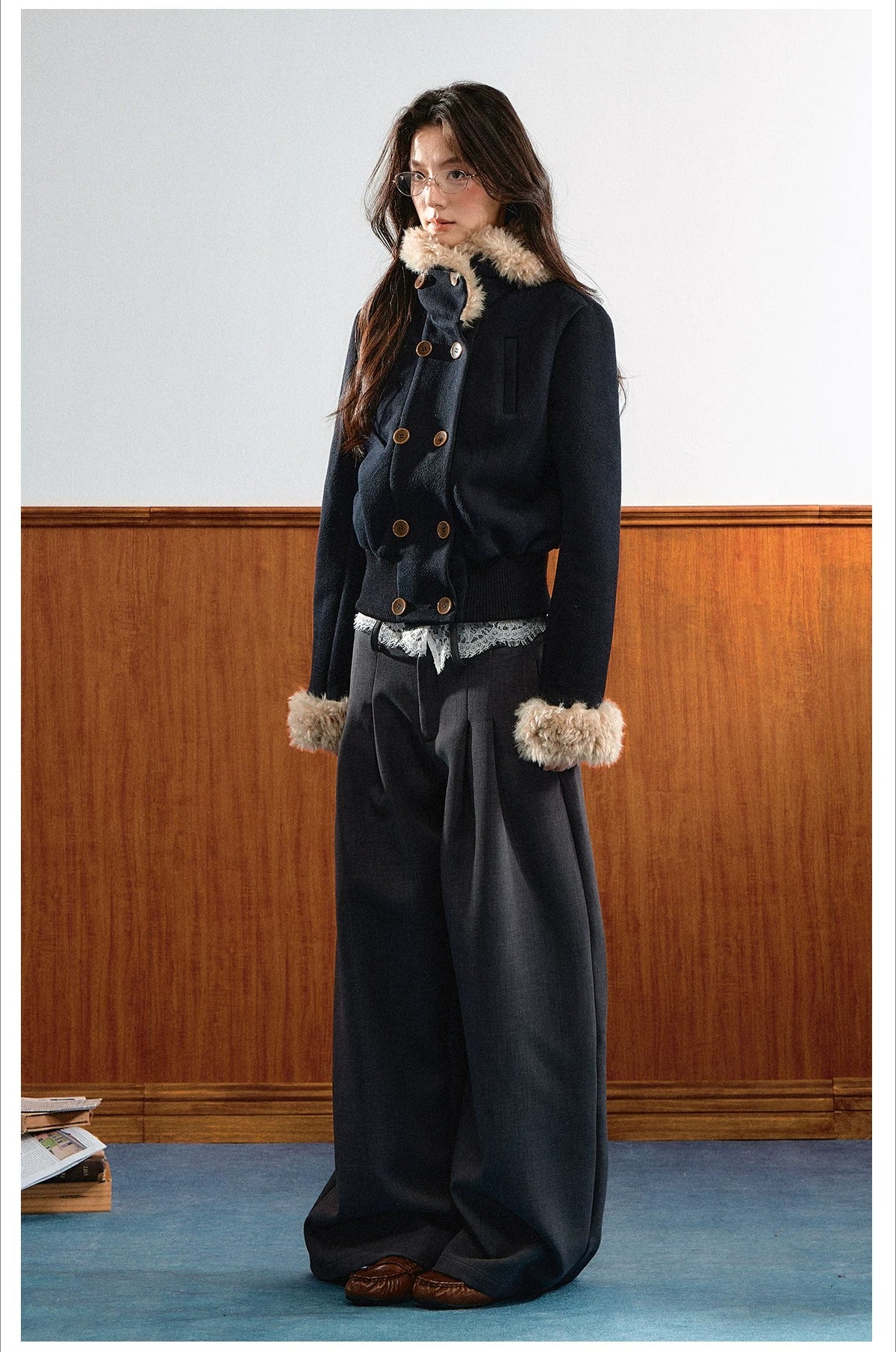 Navy Blue Vintage Faux Fur Collar Jacket