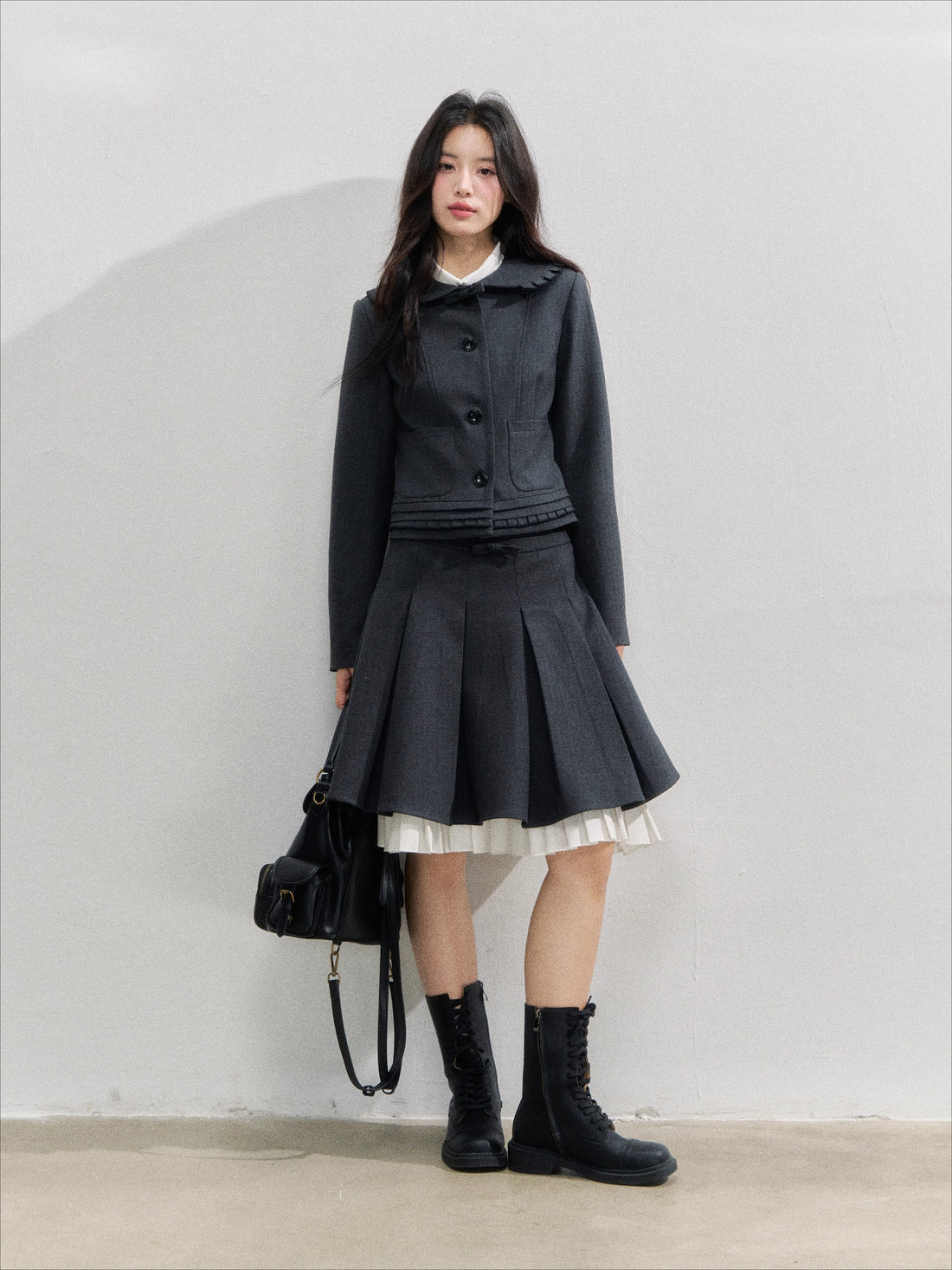 Charcoal College Blazer &amp; Pleated Skirt Set