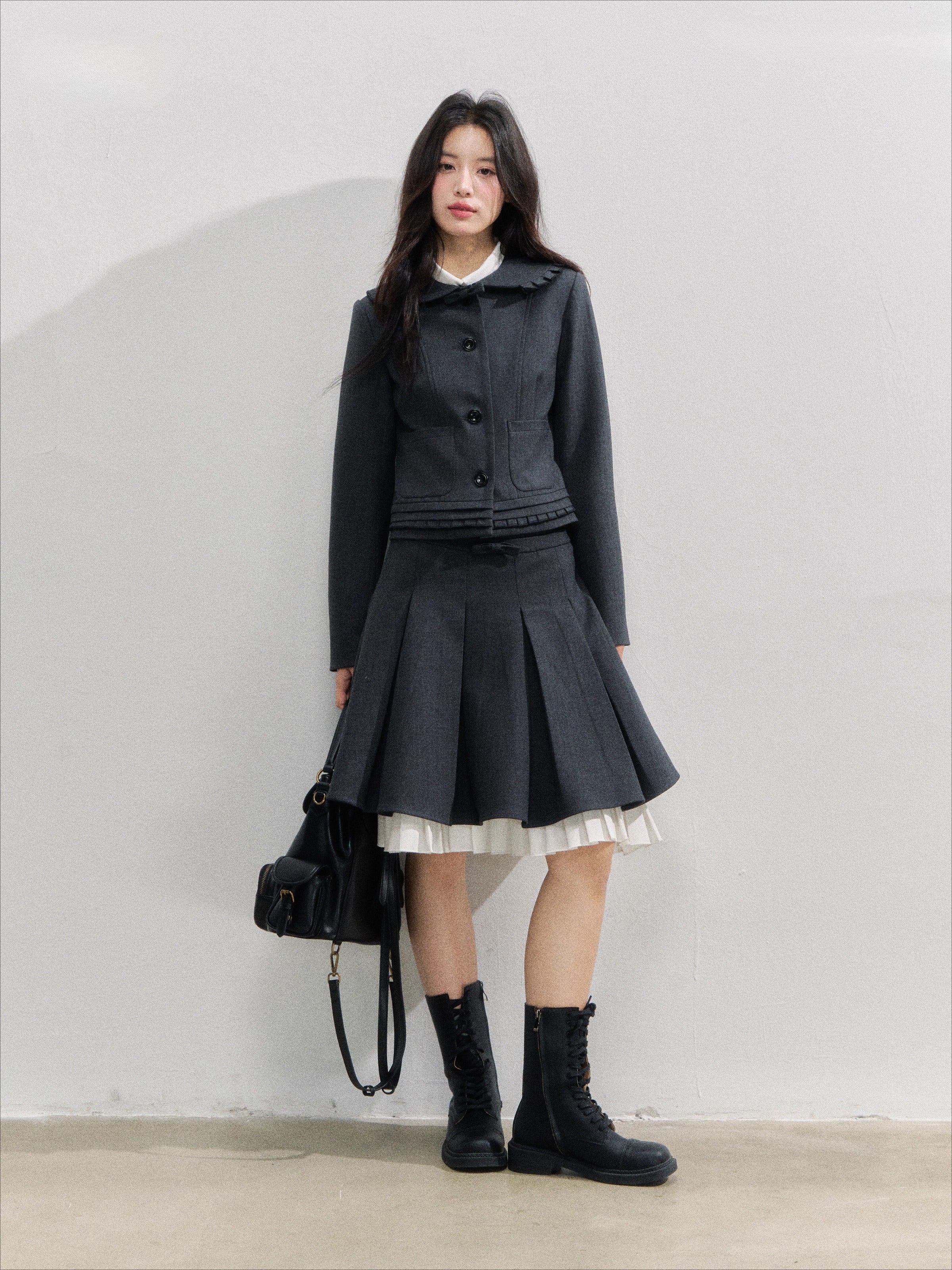 Charcoal College Blazer &amp; Pleated Skirt Set