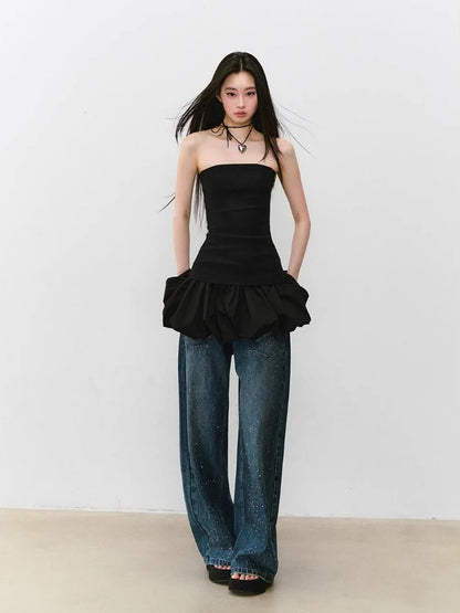 3D Rhinestone Wide-leg Denim Pants