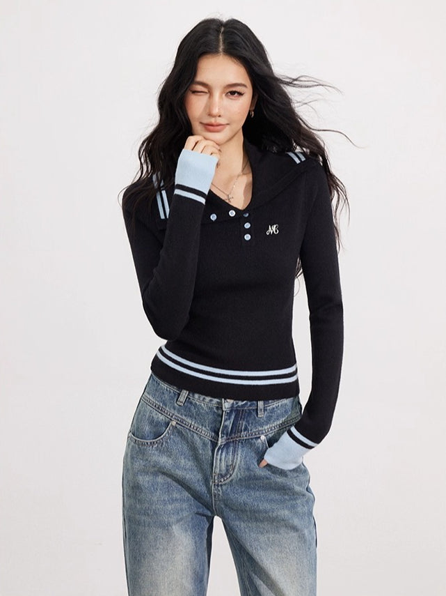 Black Asymmetric Colorblock Button-up Sweater