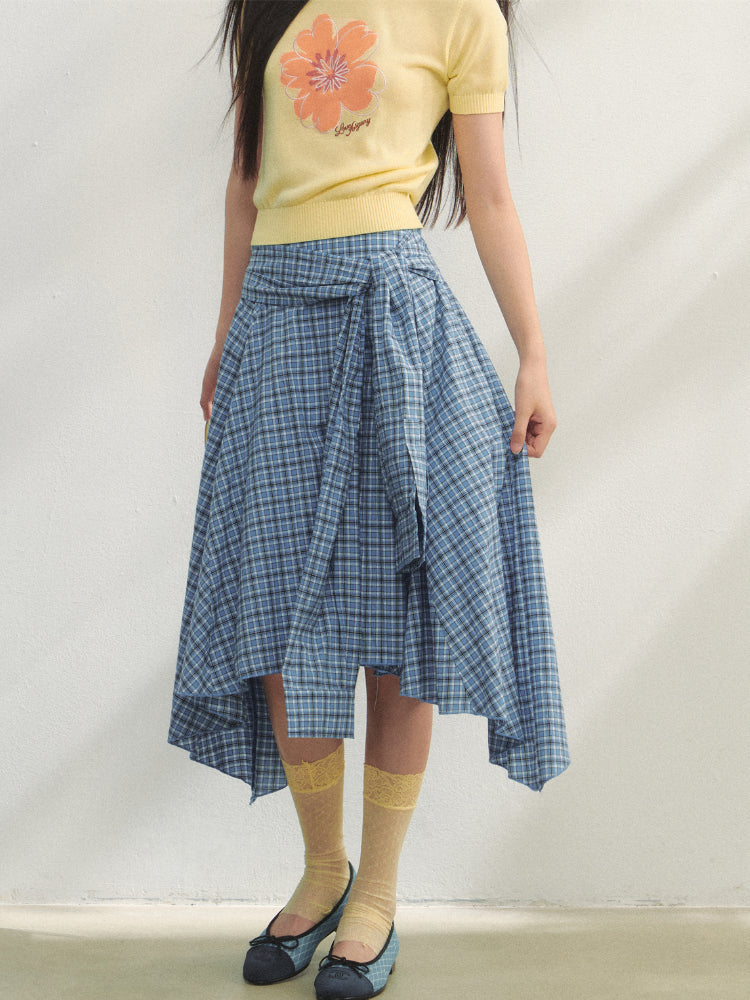 Blue Checkered Irregular Tie-Waist Skirt