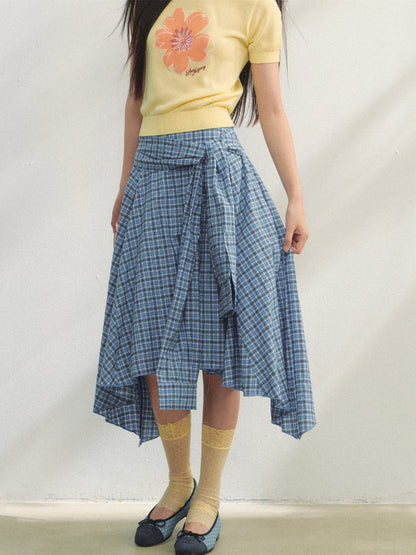 Blue Checkered Irregular Tie-Waist Skirt