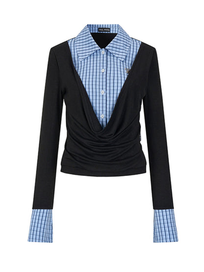 Fake Two-Piece Plaid Spliced Shirt