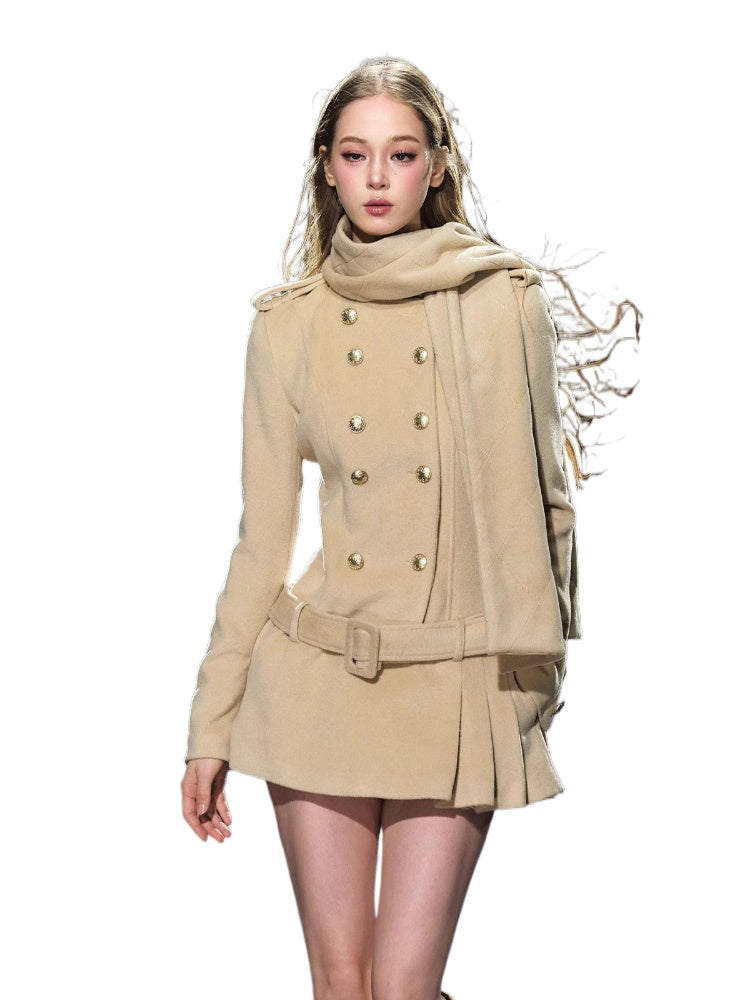 Wool Scarf-Collar Double-Breasted Dress