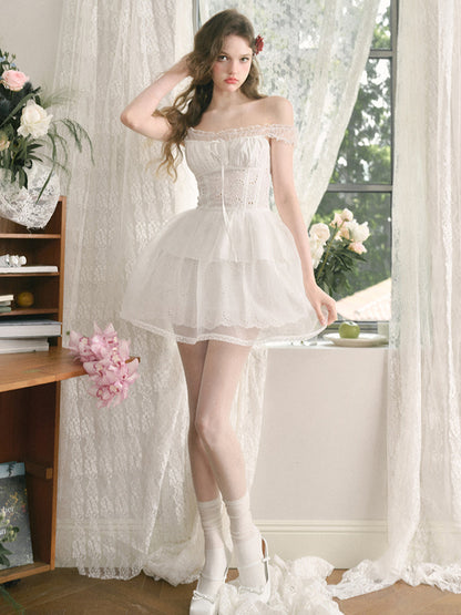 White Embroidered Puff Dress