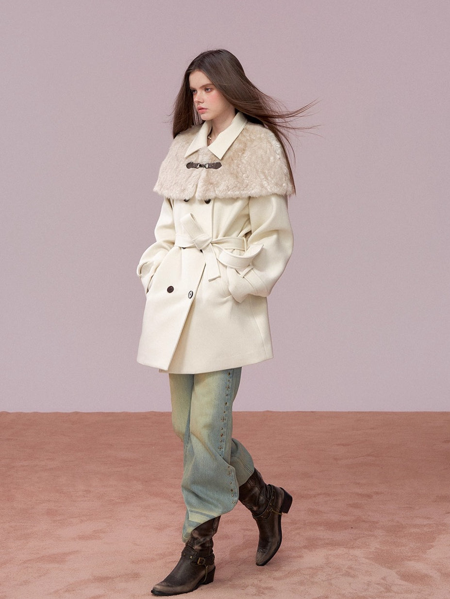 Fur Collar Cape-Style Wool Coat