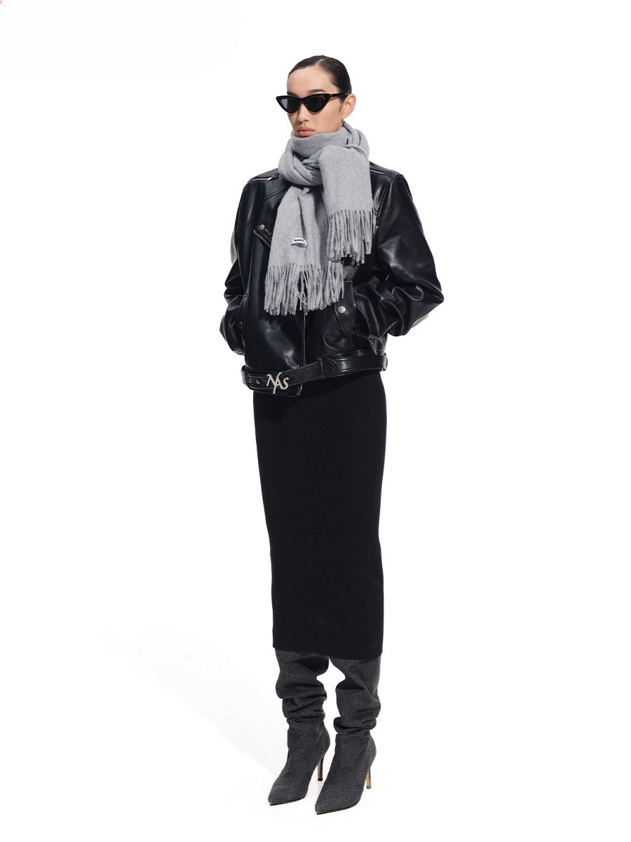 "Dejembe Series"Satin-Finish PU Leather Moto Jacket