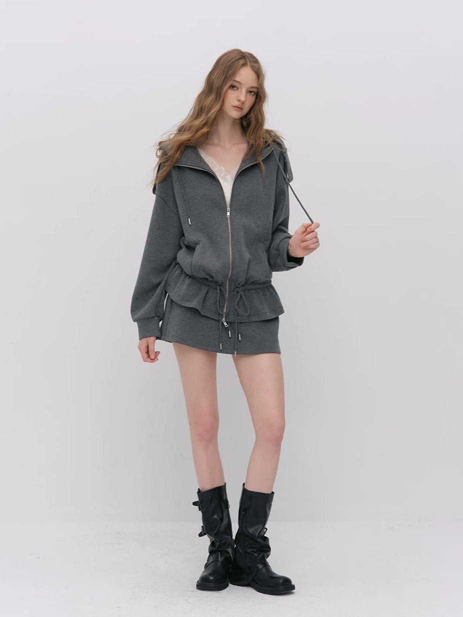 Gray Drawstring Hoodie &amp; Skirt Set