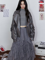 Striped Collar Biker Leather Jacket