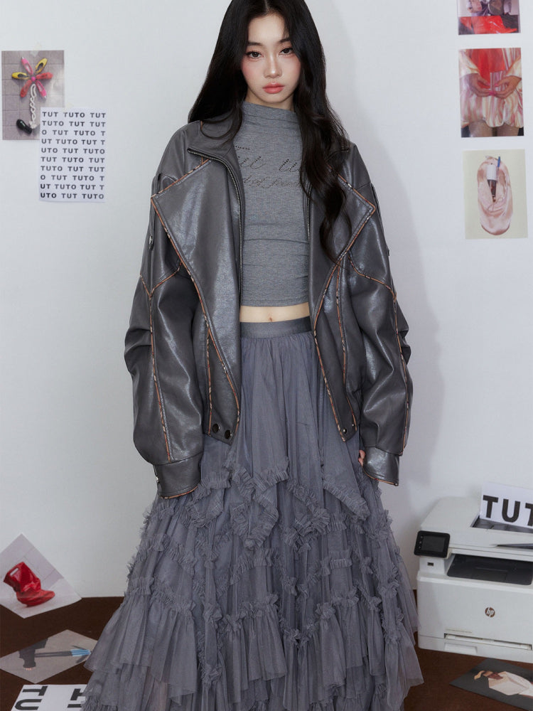 Striped Collar Biker Leather Jacket